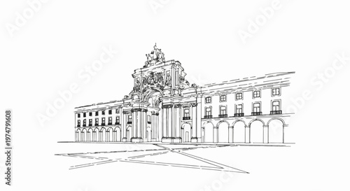 Ornate archway with flanking arcaded buildings and a plaza