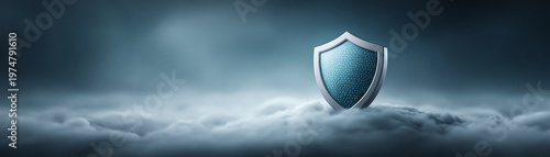 Shield cloud security protection data technology safety cyber digital secure concept with blue shield floating above clouds symbolizing strong