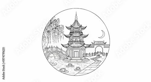 Oriental pagoda and willow tree by moonlit water with stone bridges and gate