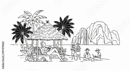 People enjoying a tropical beach scene with palm trees, a hut, and distant mountains