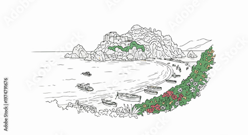 Seaside village nestled on a rocky cliff overlooking a bay with boats