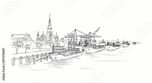 Sketch of a busy port with container ships and oriental architecture