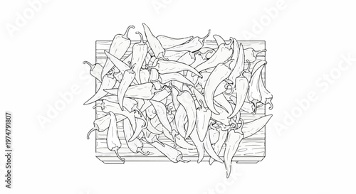 A pile of pointy, curved chili peppers overflowing from a wooden crate