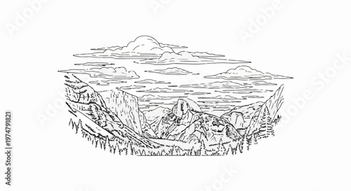 A sketched panorama of a grand mountain valley with striking rock formations under a cloudy sky