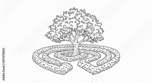 A stylized drawing of a tree surrounded by a maze-like hedge