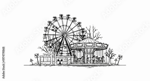 Abandoned amusement park with Ferris wheel, carousel, bare trees, and radiation signs