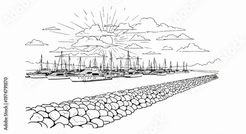 boats docked in a harbor with a sunny sky and stone jetty