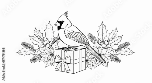 Cardinal perched on gift box, surrounded by holly, poinsettias, and pine