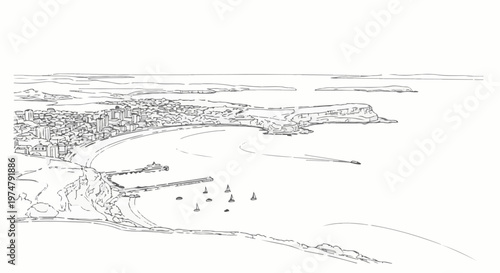 Coastal city with bay, cliffs, docks, sailboats, and distant islands under sky