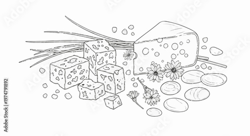Cubes and wedge of cheese with herbs, flowers, and stones