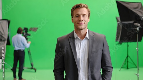 Confident Executive on Set: A poised business professional exudes confidence, standing against a vibrant green backdrop on a film set, ready for action. 