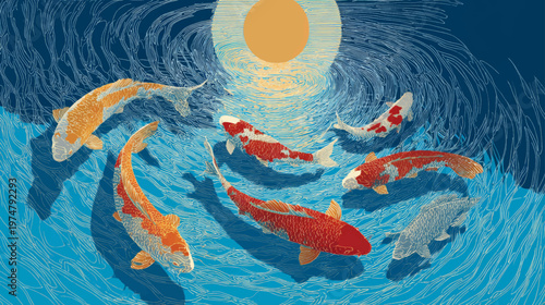 Colorful koi fish swimming in elegant composition, vibrant Japanese inspired vector artwork ideal for decorative posters, branding, packaging, and modern aquatic design visuals