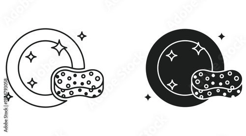 Cleaning Service Icon Set, House Cleaning Symbol Vector, Sponge and Sparkle Illustration, Hygiene Wash Logo, Night Cleaning Concept, Line and Solid Style Minimal Icon Isolated on Background