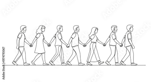 a line of people holding hands.