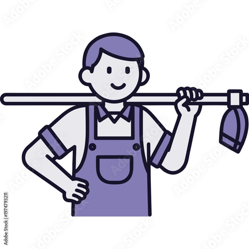 A smiling man wearing an apron holds a broom and dustpan on his shoulder.
