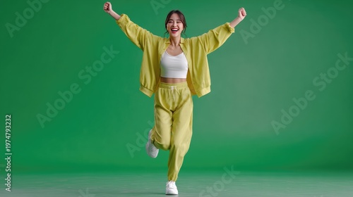Joyful Expression on Green: A vibrant individual radiates pure happiness and energy as they joyfully express excitement on a bright green backdrop, dancing freely.