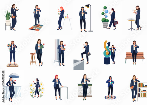 A collection of 18 illustrations showing a professional woman in various daily scenarios checking notifications on her smartwatch.