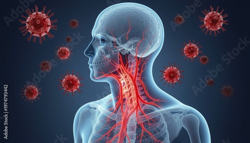 Medium shot of a transparent human profile with highlighted red arteries and spinal column in the neck area surrounded by floating red virus particles on a dark blue background
