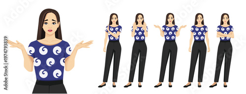 Set of young business woman with long hair in different poses with negative emotions. Isolated vector illustration character