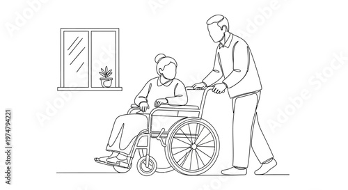 Man assisting elderly woman in wheelchair.
