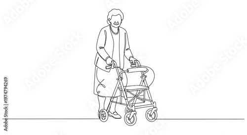 Elderly woman using walking aid outdoors.