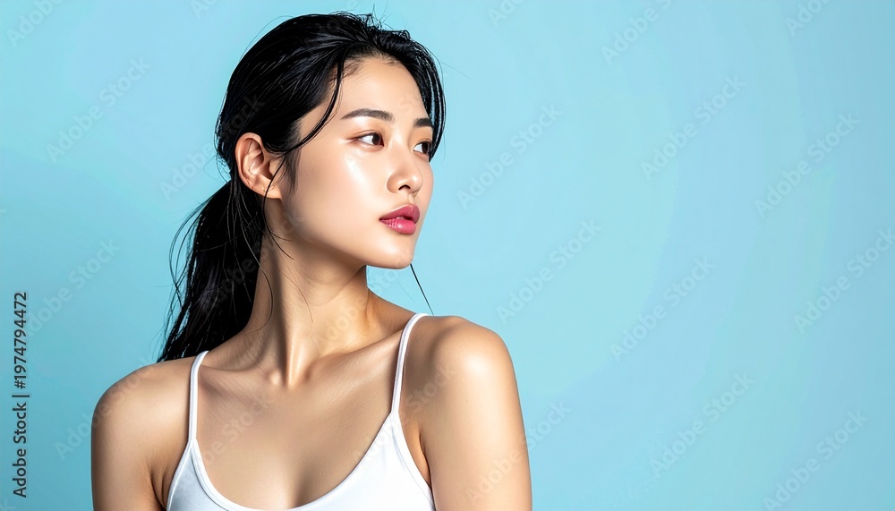 Obraz premium 余白付き・肌テクスチャーが美しい日本人女性クローズアップ, Asian Beauty Close-Up Skincare Portrait with Copy Space