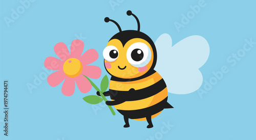 A cartoon bee holding a pink flower on a light blue background with a smile