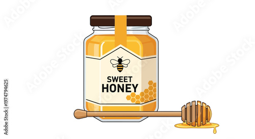 An illustration of a jar of sweet honey with a honey dipper on a white background