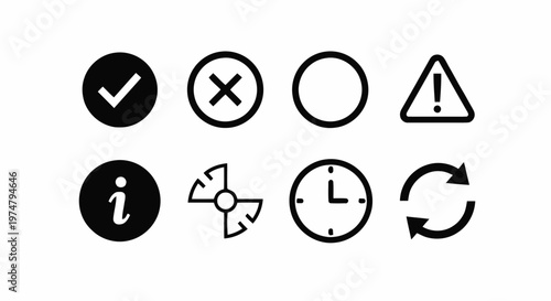 Vector illustration of set of basic interface icons including checkmark, cross, warning and clock on a transparent background