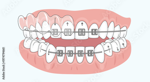 An illustration of a set of teeth with orthodontic braces on them