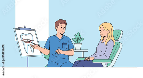 A dentist explaining a dental procedure to a patient in a clinic