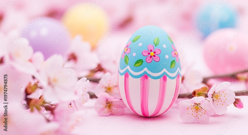 Fototapeta premium Pastel Easter eggs amongst cherry blossoms, pink backdrop, focused egg