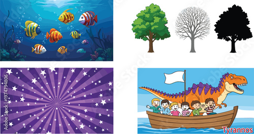 Colorful vector collection featuring underwater tropical fish different tree silhouettes starburst background and kids sailing with dinosaur adventure illustration set