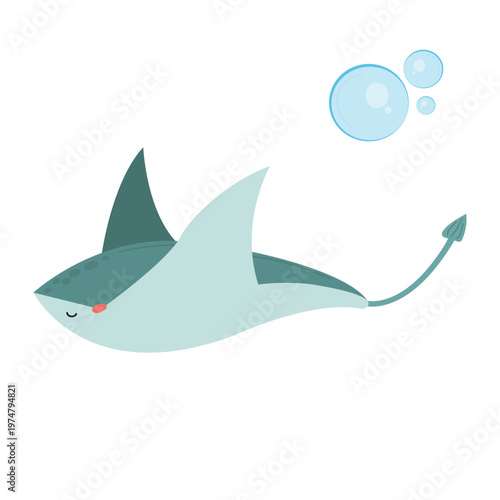 Stingray Vector Illustration with Bubbles on White Background. This clean marine life design on a white background is suitable for educational materials, nursery decor