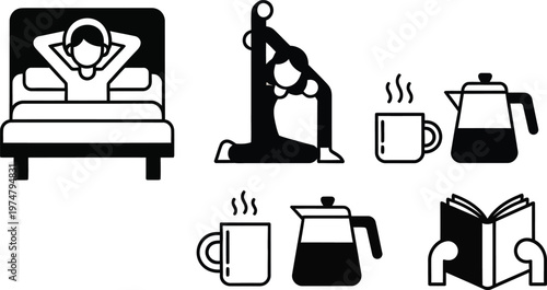 Morning routine icons, yoga, coffee, reading