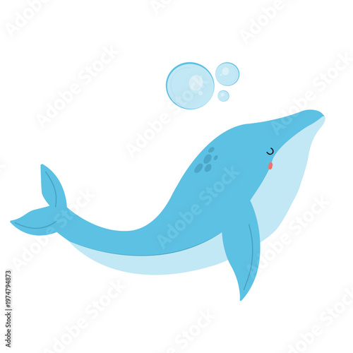 Blue Whale Vector Illustration with Water Bubbles on White Background. Minimalist flat vector design of a large blue whale swimming upwards