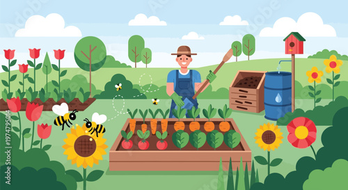 A cartoon illustration of a man gardening in a vibrant and colorful outdoor setting with flowers and trees.