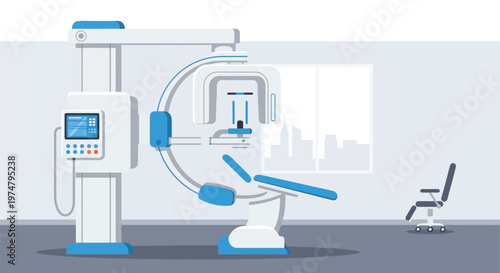 A dental X-ray machine in a modern medical office with a city view
