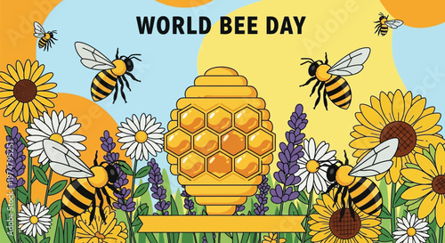 A colorful illustration celebrating World Bee Day with bees, flowers, and a honeycomb