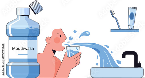 A cartoon man rinsing his mouth with mouthwash from a cup in a bathroom