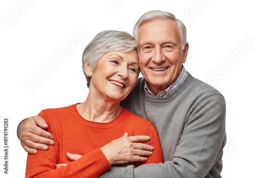 Elderly couple sharing a warm embrace and smiling happily together isolated on transparent background