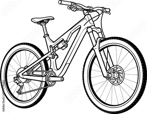 Detailed line art illustration of a modern full suspension mountain bike, showcasing its rugged design and advanced components for thrilling off-road adventures and challenging trails.