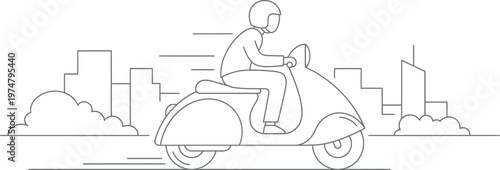 Detailed line art illustration showing a person wearing a helmet riding a classic scooter quickly through an urban cityscape, representing efficient transportation and fast delivery services.