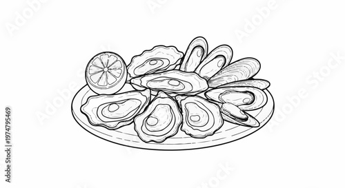 A plate of freshly shucked oysters and mussels with a lemon slice