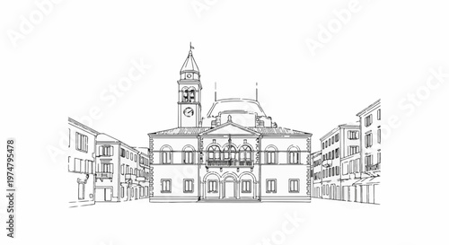 A sketch of a grand building with a clock tower and surrounding structures