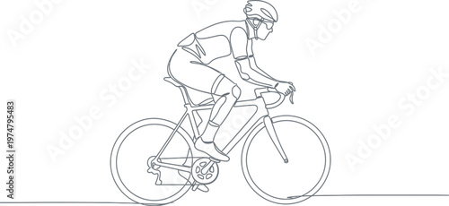 Dynamic continuous line drawing illustration of a professional road cyclist wearing a helmet and cycling gear, actively riding their bike on a minimalist white background.
