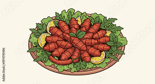 A platter of red, cylindrical food items with lemon and greens