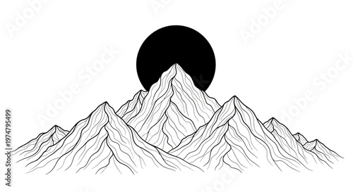 Black sun over mountain range landscape.