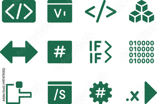 Software Development and Coding Icon Set for Programming, Dark Green Flat Vector Illustrations of Binary Code Brackets and Scripting Symbols for Web Design and Engineering