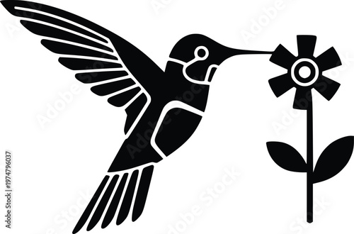 Hummingbird feeding on a stylized flower in black and white silhouette art